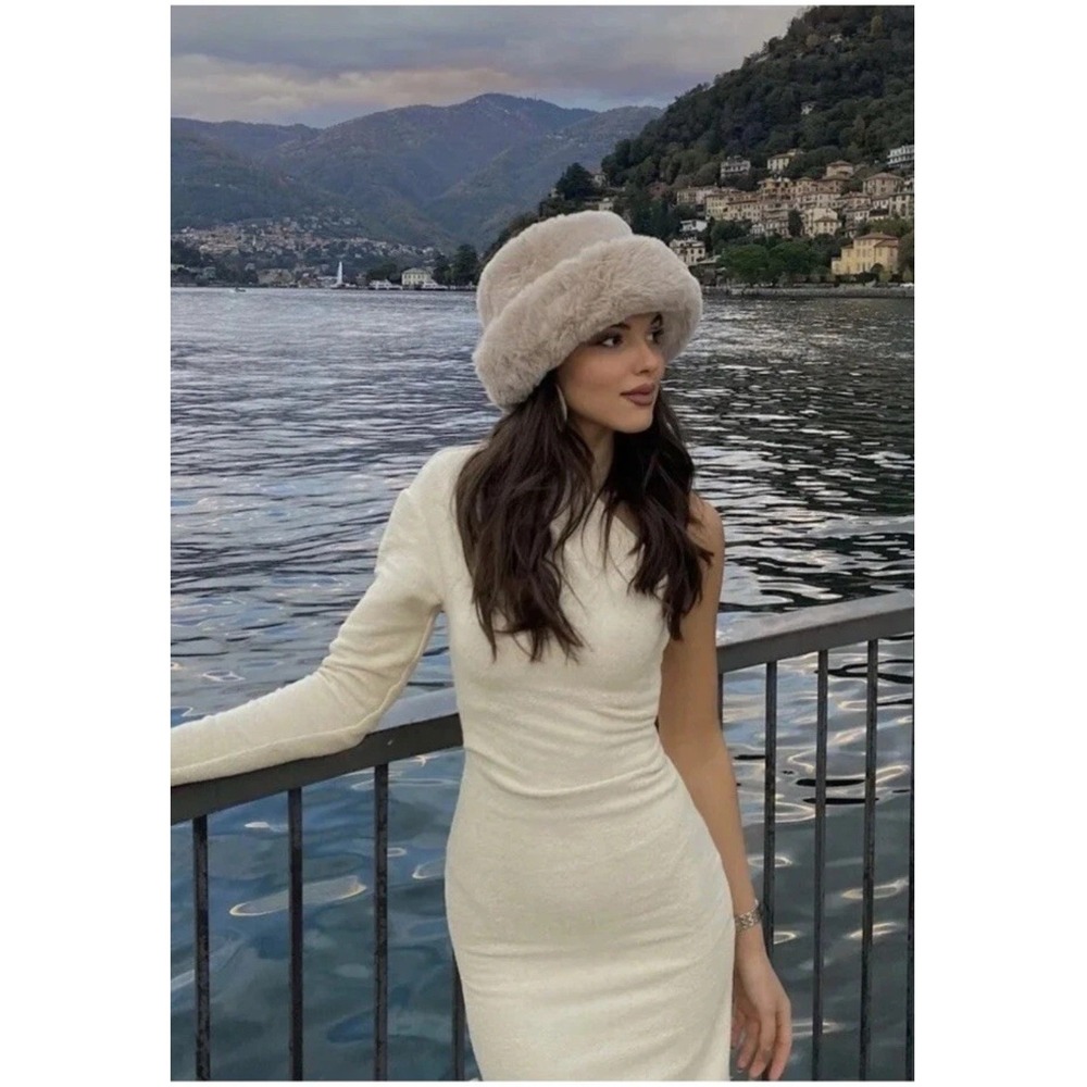 Zara One Shoulder Midi Dress Womens Large Cream Boucle Knit Slit